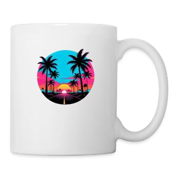 Driving on lonely palm tree road into the sunset. - Mug - white - Right