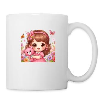 Kleines Mädchen mit ihrem Kuscheltier Teddybär - Tasse - Weiß - Rechts
