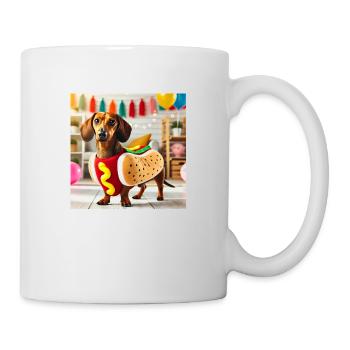 Süßer Dackel im Hotdog-Kostüm auf einer Party. - Tasse - Weiß - Rechts