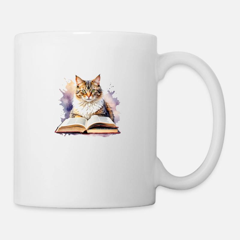 Katze mit Buch - Tasse - Weiß