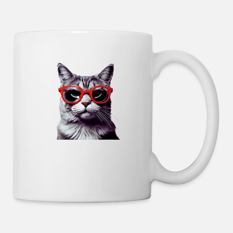 Katze mit roter Brille - Tasse - Weiß