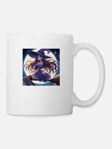 Halloween witch on broom before full moon - Mug - white