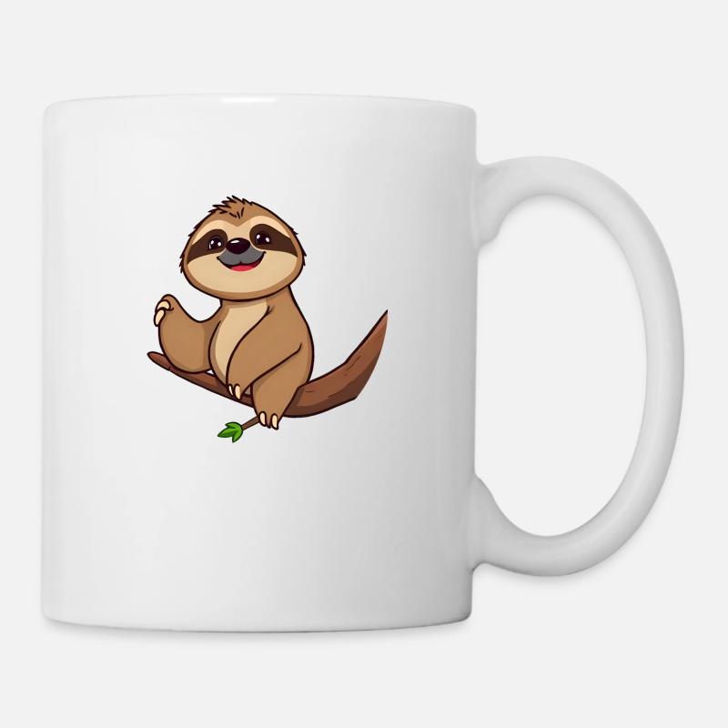 Cheerful Cartoon sloth on Branch with Green Leaves - Mug - white