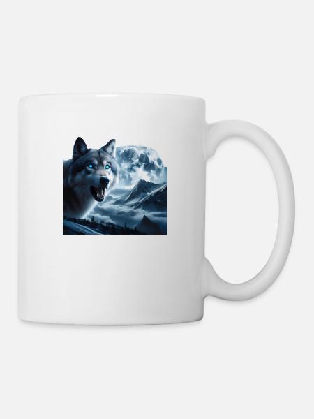Wolf mit blauen Augen bei Vollmond - Tasse - Weiß