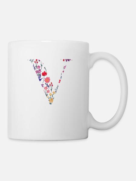 Personalisierter Blumenbuchstabe V - Geschenkidee - Tasse - Weiß