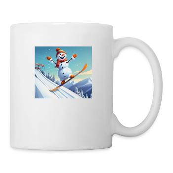 Schneemann auf Snowboard – Sprung ins Winter - Tasse - Weiß - Rechts