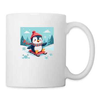 Lachender Pinguin auf dem Schlitten – Winterspaß - Tasse - Weiß - Rechts