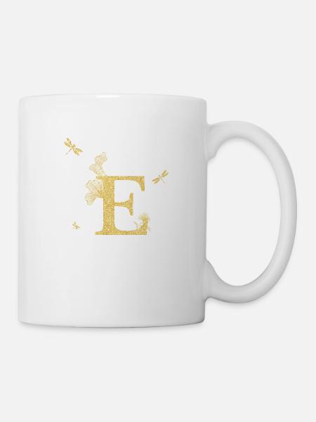 Buchstabe e goldene Glitzerlibelle - Geschenkidee - Tasse - Weiß