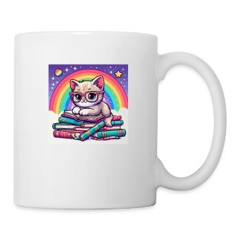 Süße Katze liest Bücher unter dem Regenbogen - Tasse - Weiß - Rechts