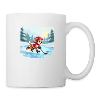 Cartoon dog playing hockey on pond in winter - Mug - white - Right