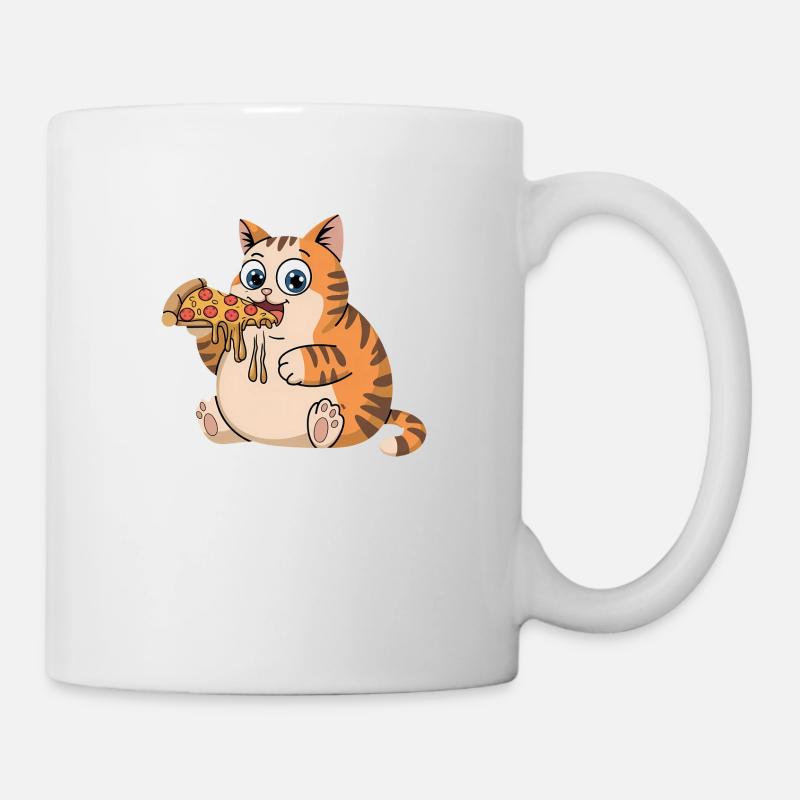 Funny Chubby Cat Eating Pizza Fast Food - Mug - white