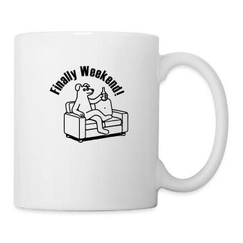 Hund auf der Couch - "Endlich Wochenende!" Entwurf - Tasse - Weiß - Rechts
