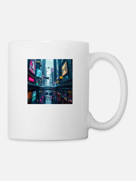 Futuristic Neon Cityscape: A Vibrant Vision - Mug - white
