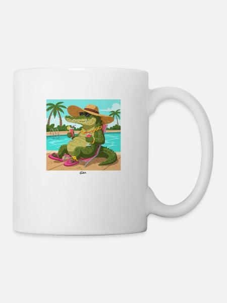 Krokodil am Pool mit Longdrink - Tasse - Weiß