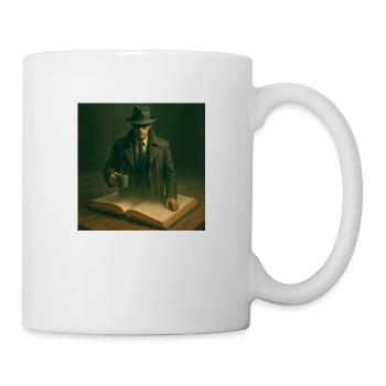 Main character in crime novel climbs out of the book - Mug - white - Right