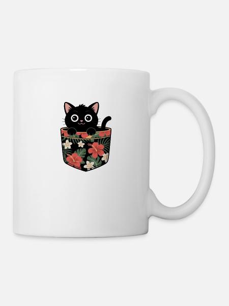 Cute Black Cat in Tropical Pocket Design - Mug - white