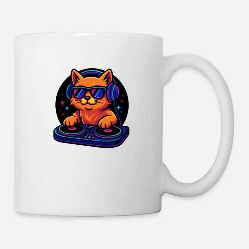 Neon DJ Cat mit Kopfhörer und Plattenspieler - Tasse - Weiß