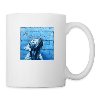Chien levant fidèlement les yeux devant le mur bleu - Mug blanc - blanc - Droite
