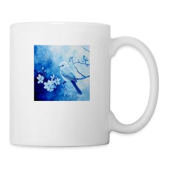 Singvogel Ast Blüten Blautöne filigran Zeichnung - Tasse - Weiß - Rechts