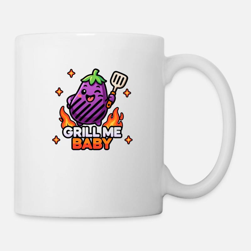 Kawaii Chibi Cute Eggplant – Grill Me Baby BBQ Pun - Mug - white