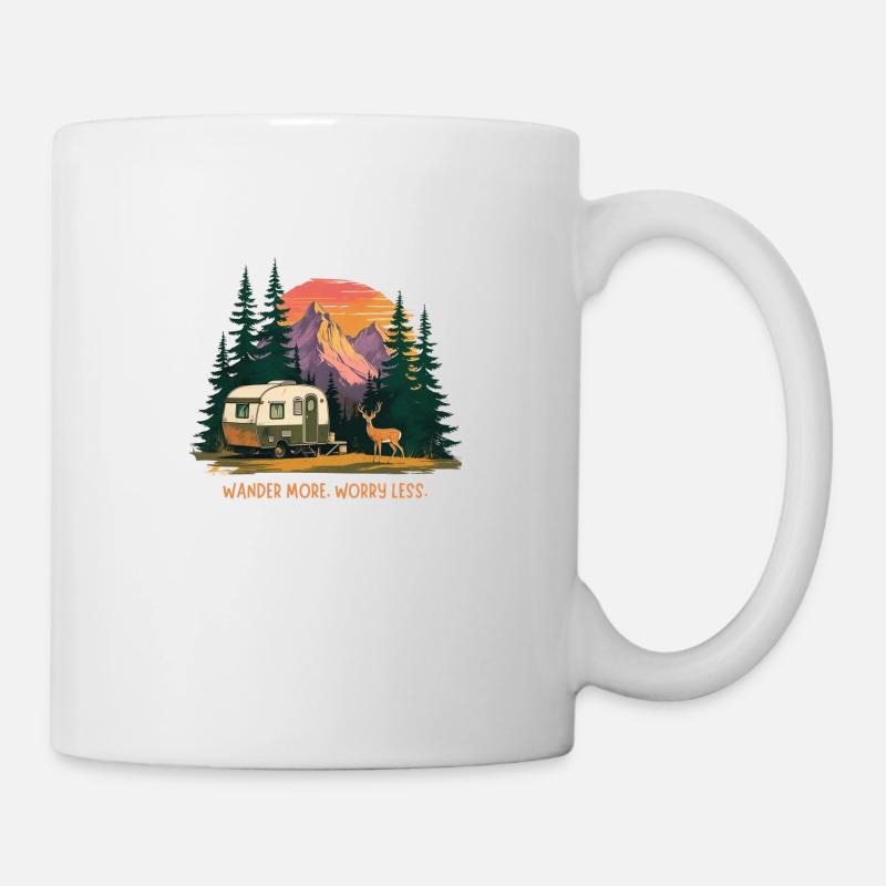 Wander More Worry Less – Retro Camper, Mountain - Mug - white