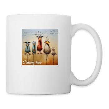 Casting Here Schriftzug 5 komische Vögel Stange - Tasse - Weiß - Rechts