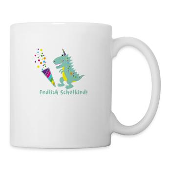 schulkind,dinosaurier,dino, endlich schulkind - Tasse - Weiß - Rechts