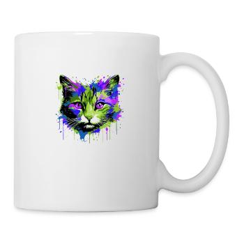 Katze Kopf Porträt Bunt - Tasse - Weiß - Rechts