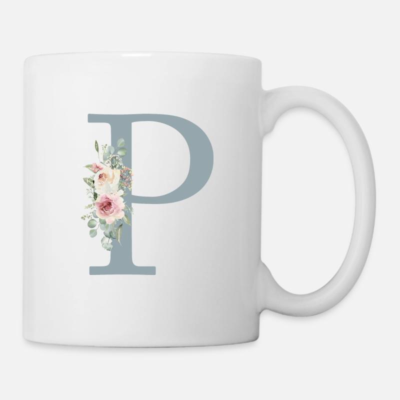 P| Monogramm | Eukalyptus-Pastell-Blumen-Blau - Tasse - Weiß