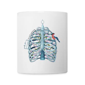 Gefangenes Herz – Rippenkäfig, Blüten & Vogel - Tasse - Weiß - Vorne