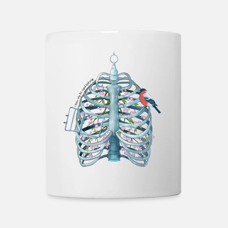 Caged Heart - Ribcage, Blossoms & Bird Surreal Art - Mug - white