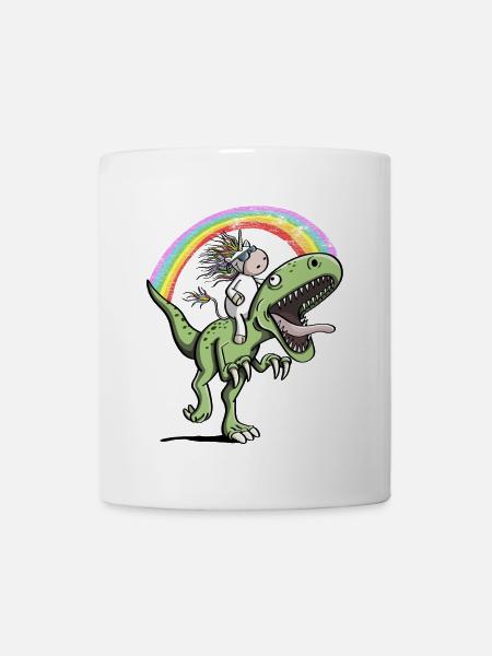 Unicorn Rides Dinosaure T Rex sous arc-en-ciel - Mug blanc - blanc