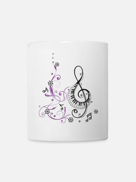 Clef avec piano, fleurs et notes de musique. - Mug blanc - blanc