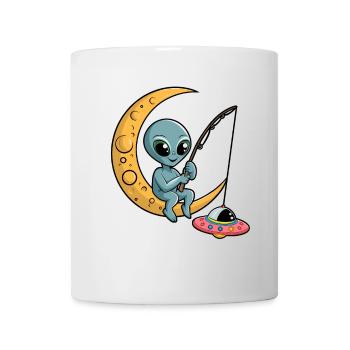 Lustiger Alien auf Mond mit Angel - Tasse - Weiß - Vorne