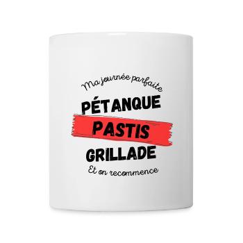 Pétanque, pastis, grillade et on recommence - Mug blanc - blanc - Devant