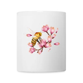 fliegende Biene mit Magnolien von Hand gezeichnet - Tasse - Weiß - Vorne