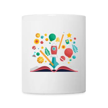 Offenes Buch mit Schulobjekten, Lernen und Pädagogik - Tasse - Weiß - Vorne