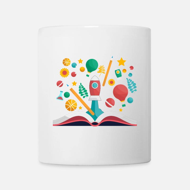 Offenes Buch mit Schulobjekten, Lernen und Pädagogik - Tasse - Weiß