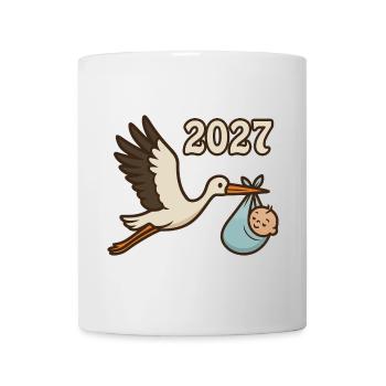 Storch mit Findelkind im Schnabel 2027 - Tasse - Weiß - Vorne