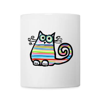Bunt gestreifte, lustige Katze - handgezeichnet - Tasse - Weiß - Vorne