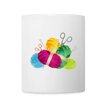 colorful balls of wool & knitting needles with scissors - Mug - white - Front