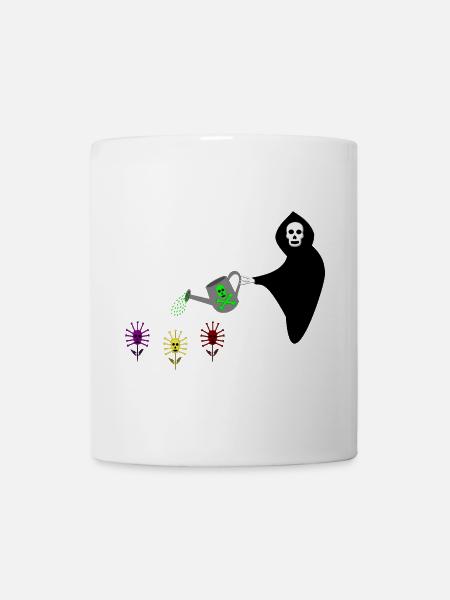 Grim Reaper watering the garden of Skull Flowers - Mug - white