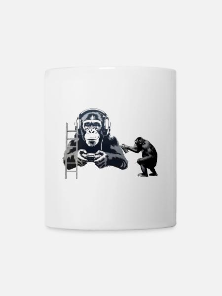 GRAFFITI BANKSY STYLE - CHIMP PLAYING COMPUTER GAM - Mug - white