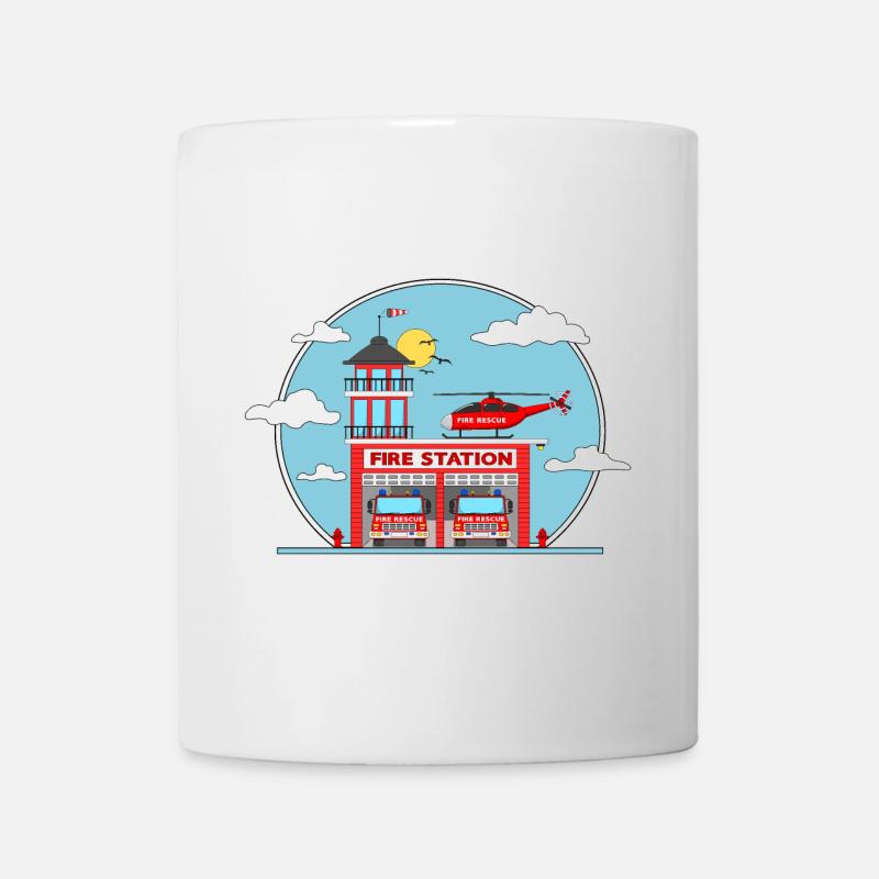 Caserne de pompiers avec hélicoptère et camion de pompiers - Mug blanc - blanc