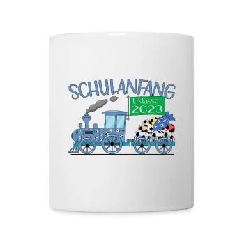 Schulanfang 2023 Eisenbahn mit Fußball blau - Tasse - Weiß - Vorne