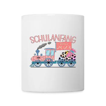 Schulanfang 2023 Eisenbahn mit Fußball rosa - Tasse - Weiß - Vorne