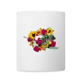 Farbwildes Blütenbouquet Rosen Sonnenblumen - Tasse - Weiß - Vorne