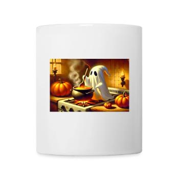 Ghost stands at the stove and cooks pumpkin soup - Mug - white - Front