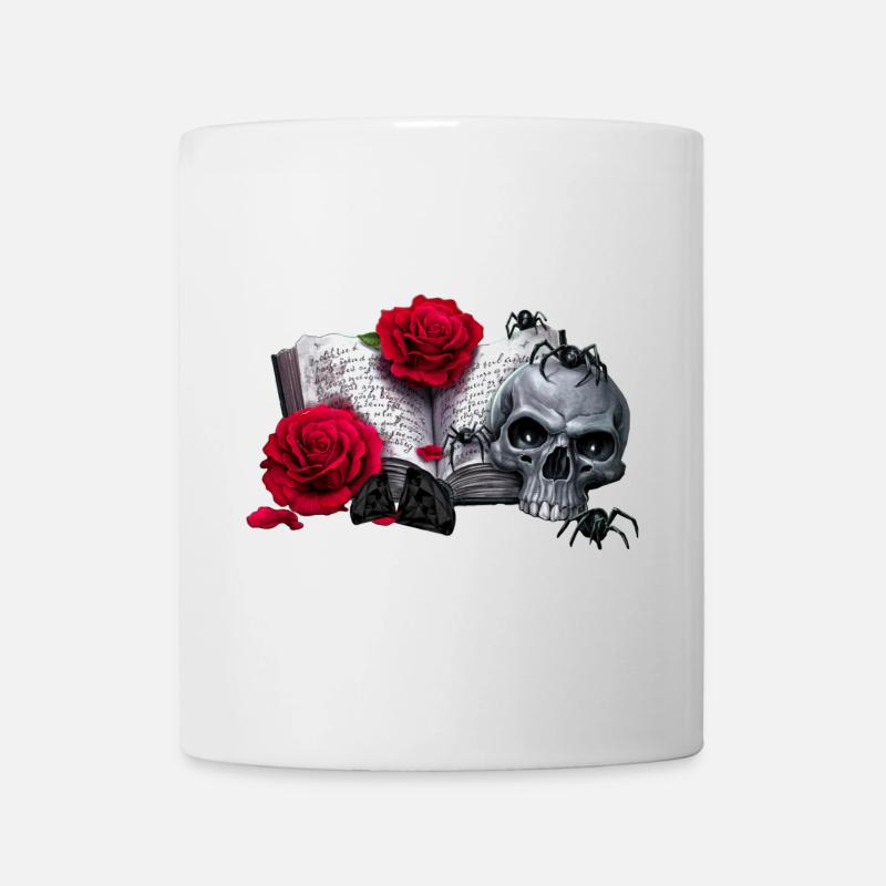 Gothic-Buch mit Rosenblüten, Menschenschädel - Tasse - Weiß