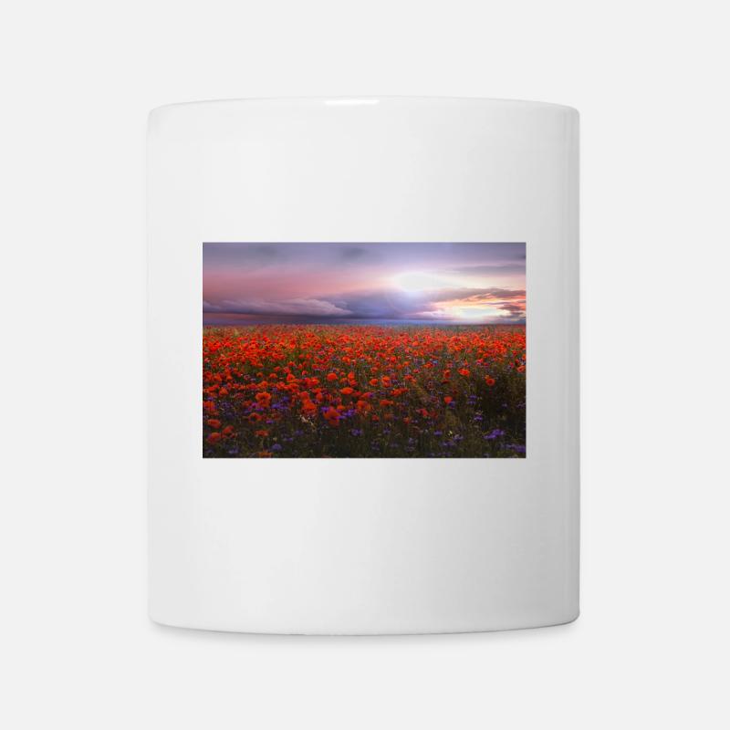 Evening light over the poppy field - Mug - white